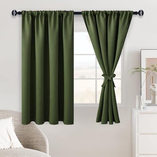 JIUZHEN Christmas Blackout Curtains for Bedroom - Thermal Insulated Room Darkening Rod Pocket Curtains for Living Room, Set of 2 Panels with Tiebacks, 38 x 45 Inch Length, Olive Green