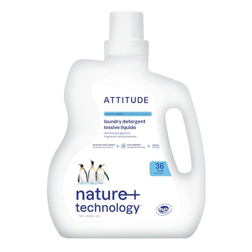 ATTITUDE Liquid Laundry Detergent, EWG Verified Laundry Soap, 36 Loads, HE Compatible, Vegan, Plant Based Products, Cruelty-Free, Wildflowers, 60.8 Fl Oz