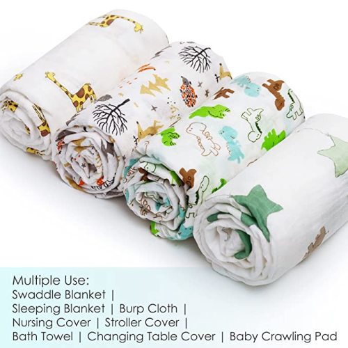 upsimples Baby Swaddle Blanket Unisex Swaddle Wrap Soft Silky Muslin Swaddle Blankets Neutral Receiving Blanket for Boys and Girls, 47 x 47 inches, Set of 4 - Fox/Elephant/Giraffe/Dinosaur - Green White