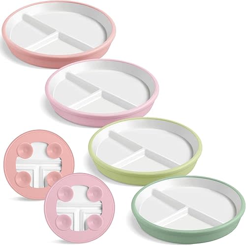 Domensi 4 Pcs 8" Large Porcelain Kids Plates with Anti-slip Silicone Sleeve Ceramic Divided Plate with Suction for Toddler Eating Microwave Dishwasher Friendly (Light Yellow,Light Green,Orange,Blue)
