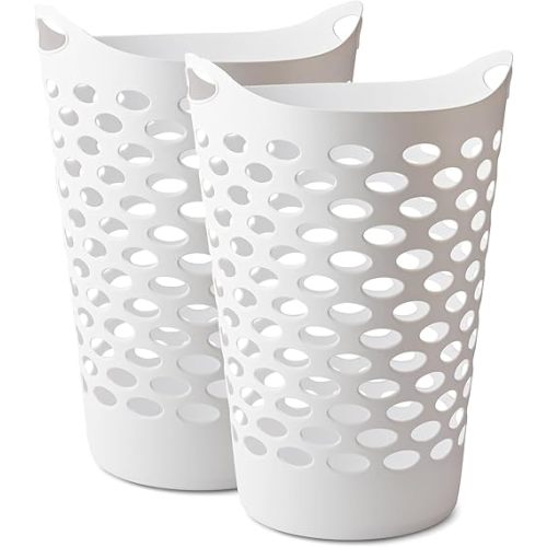 2 BUSHEL Flexible Laundry Basket,Tall plastic hamper for Clothes, Bedroom, and Storage - Portable Round Bin with Carry Handles 17.75" x 17.25" x 26", White (2)