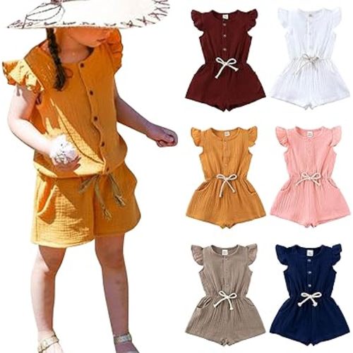 Summer Baby Girl Clothes Fly Sleeve Bodysuit Button Solid Color Romper Onesie Toddler Jumpsuit Overalls with Pockets
