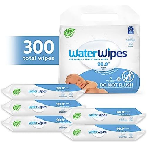 WaterWipes Plastic-Free Original Baby Wipes, 99.9% Water Based Wipes,  Unscented & Hypoallergenic for Sensitive Skin, 180 Count (3 packs),  Packaging