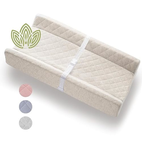 Organic Cotton Contoured Baby Changing Pad w/Waterproof Foam Mattress, Includes Soft, Removable & Washable Cover, Safety Strap, Non-Slip Bottom, Topper for Standard Size Infant Diaper Table & Dresser - NATURAL