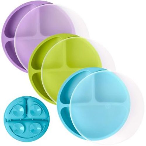 WeeSprout Suction Plates for Babies & Toddlers 100% Silicone Divided Design - No Lids, 3 Pack (Matte Dark Grey, Blue & Green)