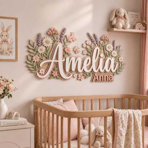 Personalized Wildflower Name Sign, Floral Nursery Sign Decor, 3D Wood Baby Name Sign, Floral Kids Name Plaque, Boho Baby Girl Room Decor
