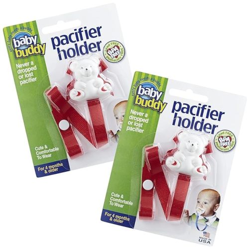 Baby Buddy Bear Pacifier Holder Clip Snaps to Paci, Teether, Toy, Clips to Baby's Shirt, Pacifier Clip for Babies 4 Months & Up/Toddler Boys & Girls, Pacifier Holder, Baby Must Haves, Red, 2 Count