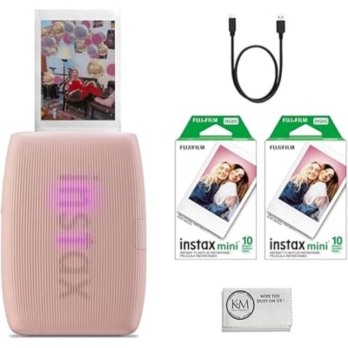 Fujifilm INSTAX Mini Link 3 Smartphone Printer | Rose Pink Bundled INSTAX Mini Instant Film | 20 Exposures + Microfiber Cleaning Cloth (3 Items)