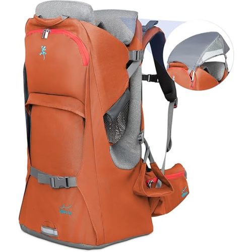 WIPHA Baby Backpack Carrier, Ergonomic Child Carrier Hiking with Sun Canopy, Safe Toddler Hiking Backpack Carrier with Large Storage Space&Insulated Pocket, Adjustable Padded Child Seat (Orange)