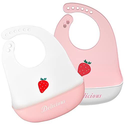Eimmabey Silicone Bibs for Babies and Toddlers 2 Sets Feeding Bibs for Boy and Girl, Adjustable Soft Waterproof Bibs