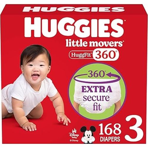 Huggies Size 3 Baby Diapers, Little Movers HuggFit 360° Baby Diapers with 360° Waistband, Size 3 (16-28 lbs), 168 Count (3 Packs of 56), Packaging May Vary