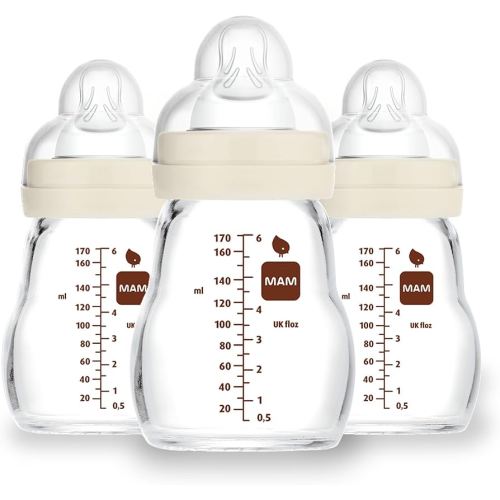MAM Premium Glass Baby Bottles, Easy Switch Between Breast and Bottle, Feel Good Slow Flow, Newborn Essentials Must Have, 0+ Months, BPA Free, 6oz, Unisex, 3 Pack