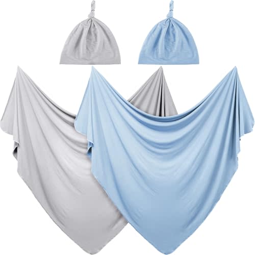 JaGely 2 Pack Baby Newborn Swaddle Blanket and Hat Set 47" x 47" Large Stretchy Receiving Blankets Set for Newborn Baby(Light Gray, Light Blue)