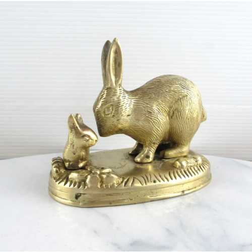 Vintage Brass Bunny Rabbit Mother and Baby Figurine, Mid Century Modern Decor, Copper Art