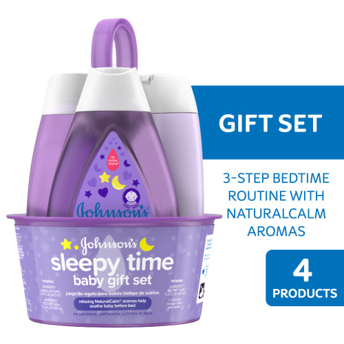 Johnson's Sleepy Time Bedtime Baby Gift Set: New Born Bath Essentials with Lotion, Wash and Shampoo, 4 Items