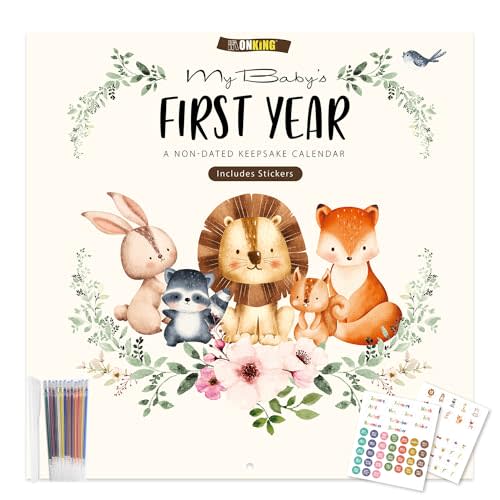 Baby's First Year Calendar with Stickers by Bright Day - 1st Year Tracker - Baby Memory Book for Girls to Document and Cherish Baby First Year Milestones,- Milestone Keepsake for Baby Boy with Pocket