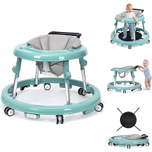 Baby Walker Foldable with 9 Adjustable Heights, Baby Walker with Wheels Portable, Infant Toddler Walker for Baby Boy Girls 6-18 Months
