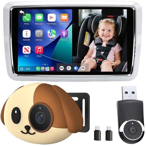 Cabin Care Baby Car Camera with Wireless CarPlay Adapter for iPhone Only, 1080P HD, IR Night Vision, 150° Wide-Angle, Real-Time Rear Seat Monitor, Works with Factory Wired CarPlay (Dog)