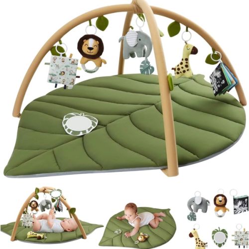 Blissful Diary Baby Play Gym & Activity Mat, Oversize Leaf Shaped Baby Play Mat w 6 Detachable Toys, Tummy Time Mat Promote Motor Skills & Sensory Development Mat, Newborn Infant Baby Essentials Gift