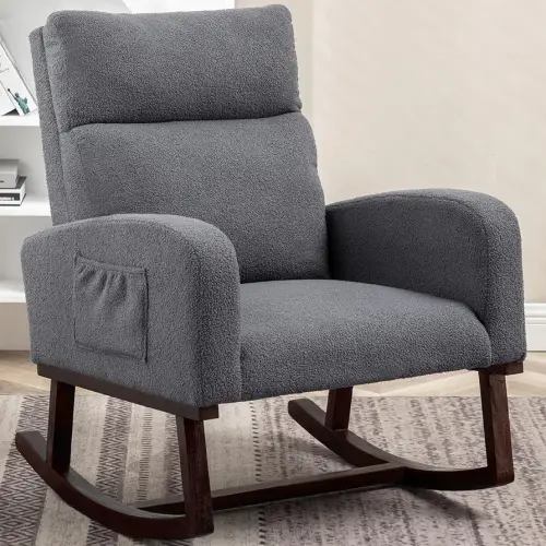 Rocking Chair Nursery - Glider Modern Accent Chairs Upholstered Teddy Fabric Rocker Padded Armchair for Indoor Living Room Bedroom Dary Grey