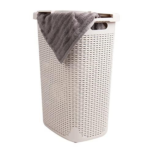 Mind Reader Slim Laundry Hamper with Lid, 60L Clothes Basket, Wicker Design, Plastic, 17.65"L x 13.75"W x 24.15"H, Ivory
