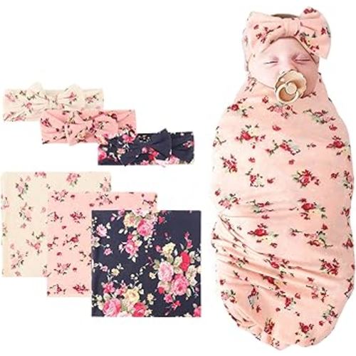 DRESHOW BQUBO Newborn Floral Receiving Blankets 3 Sets Newborn Baby Swaddling with Bow Headbands Sleepsack Toddler Warm Shower Gift
