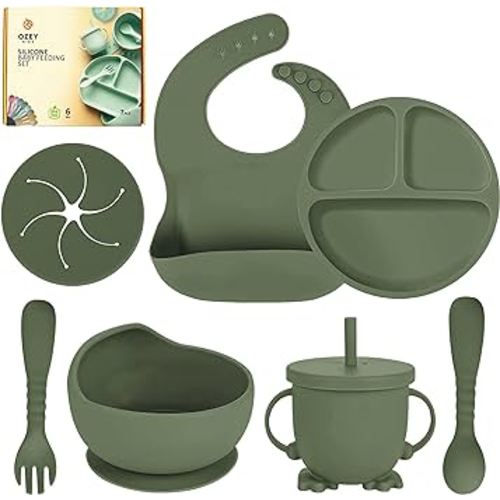 OZEY Silicone Baby Feeding Set: 100% Food Grade Baby Bib, Toddler Suction Plates and Bowls Set, Spoon, Fork, Cup, Straw-Baby Led Weaning Supplies (Green), Small, 12232