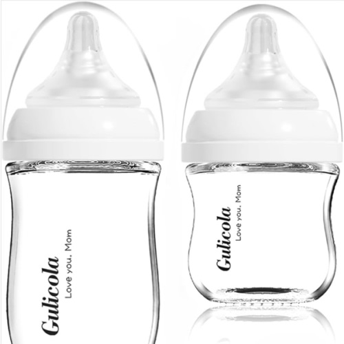 Gulicola Natural Glass Baby Bottle Newborn Set, 3 oz and 5 oz with Extra Slow Flow & Slow Flow Nipple, Anti Colic, 0-3 Months, 2 Pack - White