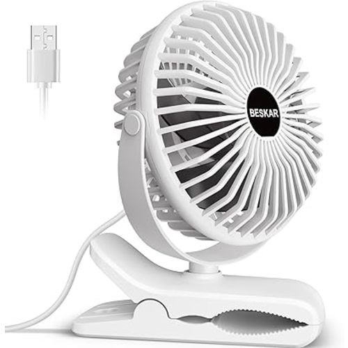 BESKAR Clip on Fan, 360° Rotation Quiet Stroller Fan with Strong Airflow,3 Speeds, Portable Small Fan with Sturdy Clamp,Perfect Personal Cooling Fan for Office Table Bedroom Kitchen