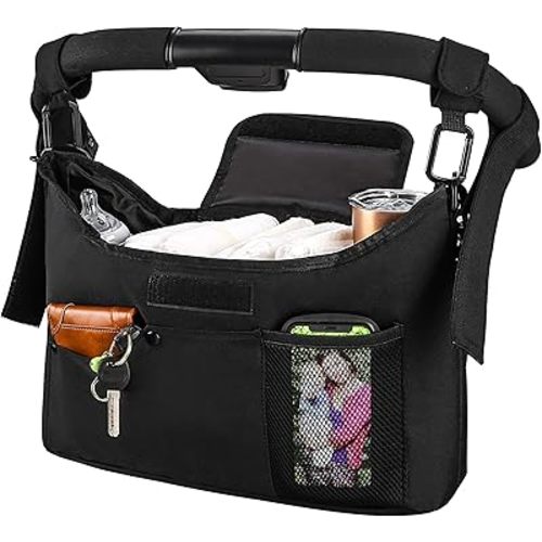 Universal Stroller Organizer with Double Cup Holder, Double Hanging Hooks & Shoulder Strap, Fits for Stroller like Uppababy, Baby Jogger, Britax, BOB, Umbrella and Pet Stroller