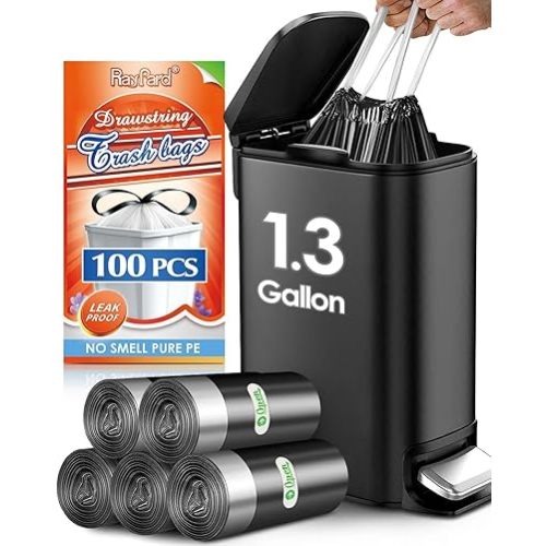 1.3 Gallon 100 Counts (fit 4-5Liter) Mini Drawstring Trash Bags Garbage Bags by RayPard, Small Plastic Trash Can Liner fit 1,1.2-1.5 Gal Waste Basket for Home Office Kitchen Bathroom, Black