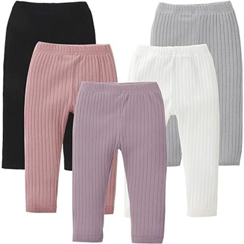 DREAM BUS 5 Pack Toddler Girl Pants Baby Girl Solid Ribbed Pants Toddler Girls Bottoms Leggings Newborn Cotton Jogger