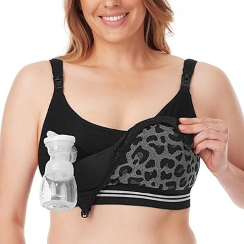 Momcozy Seamless 4-in-1 Pumping Bra Hands Free, CozyFitClasp Pumping & Nursing Bras,Supportive Breast Pump Bra Leopard Black