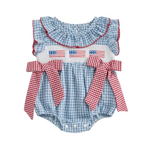 My First 4th Of July Baby Girl Outfit Newborn Smocked Bubble Romper Infant Memorial Day Bodysuit Patriotic Clothes