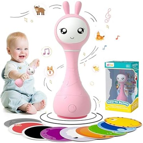 alilo Smart Bunny Baby Rattle Musical Light Up Toys, Infants Newborns Baby Toys 0-3-6-12-18-24 Months,1 Year Old Baby Girl Gifts, 4 Music Modes and Color Recognition Function with 9 Color Card