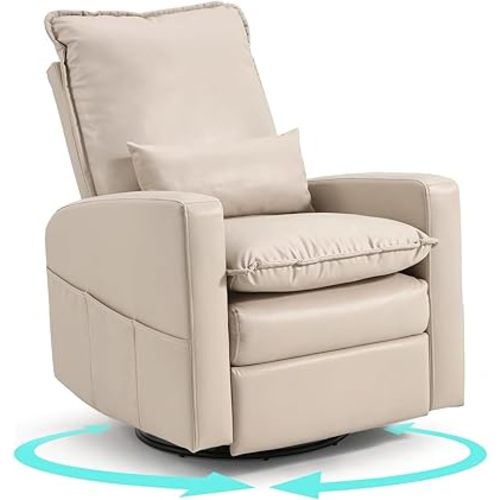 Esright Electric Recliner Chair, Swivel Rocker Chair for Adults, Small Rocking Recliner for Small Spaces, PU Leather Glider Recliner Nursery Chair with Side Pockets for Living Room(Beige White)