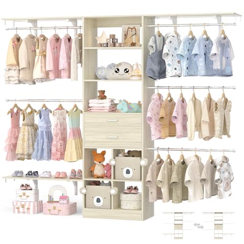 Besiost Closet System - 4.75-8FT Closet Organizer System with Wooden Drawers & Cube Storage Organizer, Up To 96" Closet Systems for Nursery & Walk-In Closets with Cuttable Hanging Shelving, Greige Oak