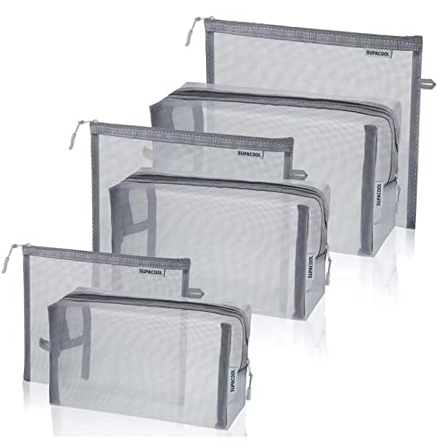 SUPACOOL Set of 6 Travel Mesh Makeup Bag, Cosmetic Organizer Pouche with Zipper, Diaper Organizing Pouches, Nylon Toiletries Bag for Women and Men(6pcs, Gray)