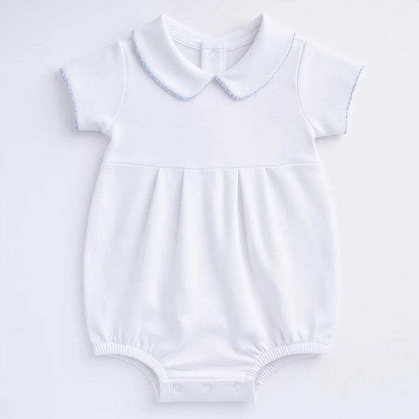 Baby Boy White Pima Cotton Bubble with Blue Trim - Magnolia Baby