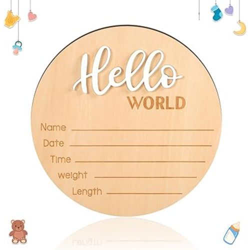 Baby Announcement Sign, 5.9 Inch Wooden Hello World Newborn Sign Birth Announcement Signs Baby Name Announcement Plaques for Photo Props Baby Shower Hospital Nursery