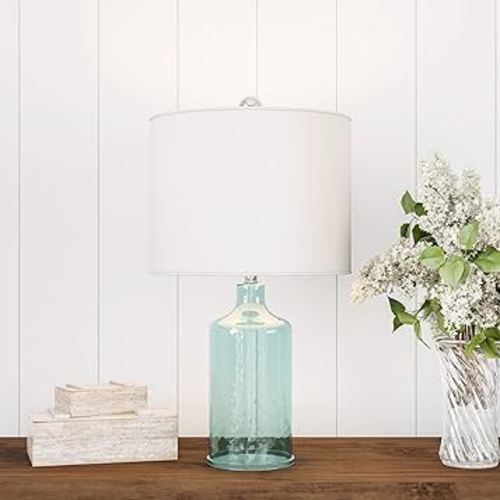 Glass Table Lamp - Accent LED Light with Clear Base and White Shade - Bedroom Lighting for Coastal, Nautical, and Cottage Style by Lavish Home (Blue)