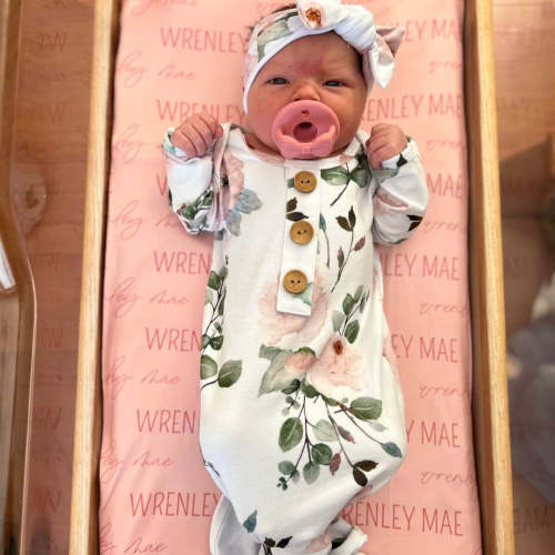 Millie's Dusty Rose Garden Newborn Baby Knot Gown & Hat Set