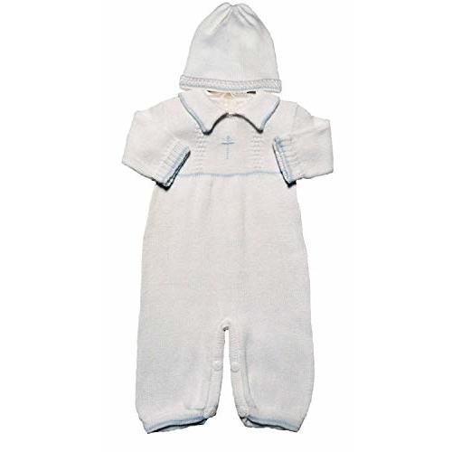 Boy's White Cotton Knit Christening Baptism Longall w/White, Blue, or Gold Cross and Hat