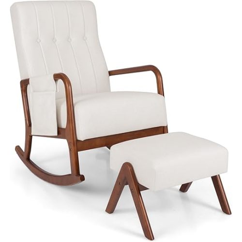 GOFLAME Nursery Rocking Chair with Ottoman, Upholstered Glider Rocker with Tufted High Backrest and Side Pocket, Modern Accent Chair with Footrest, Comfy Armchair for Living Room, Bedroom, Beige