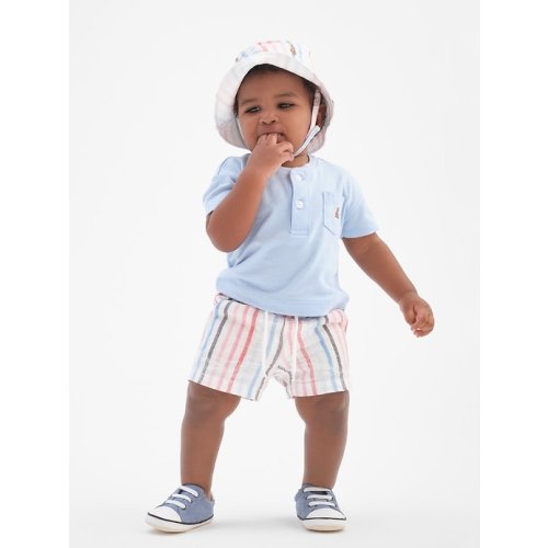 Baby Linen-Cotton Outfit Set in multi stripe, size: 3-6 M