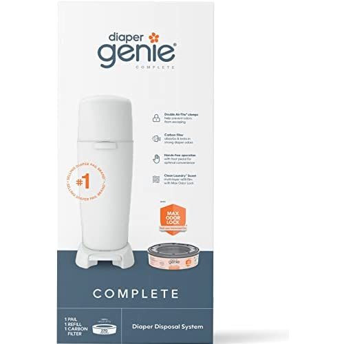 Diaper Genie Complete Diaper Pail (White) with Antimicrobial Odor Control | Includes 1 Diaper Trash Can, 1 Refill Bags, 1 Carbon Filter