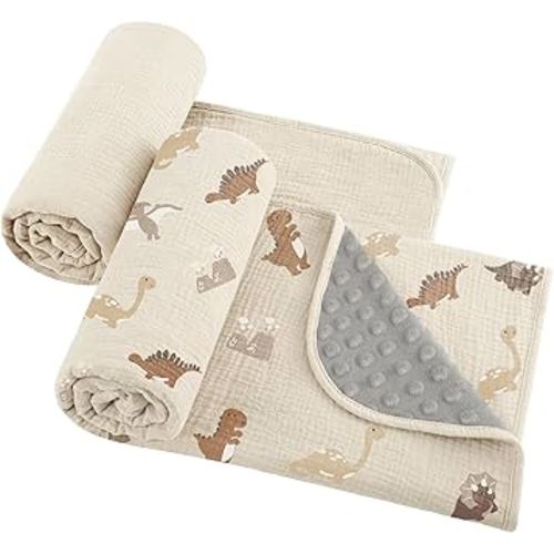 Susurration Baby Blanket for Unisex Boys Girls, 2 Pack Soft Fluffy Crib Blankets with Muslin Cotton Front and Dotted Fleece Back, Receiving Blanket for Baby Newborn Infant, 30x40inch, Dinosaur&Cream