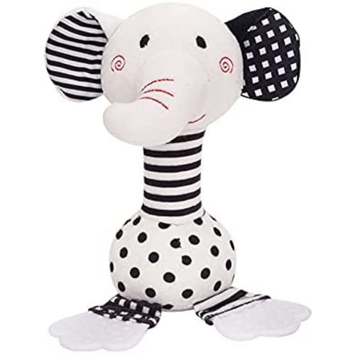 D-KINGCHY Baby Plush Rattle Toy, Soft Stuffed Animal Rattle with Teether Sound, Developmental Hand Grip Toys, Baby Toys 0-12 Months, Black and White Toys for 0, 3, 6, 9, 12 Months (Elephant)