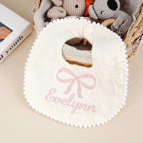 Monogram Baby Bib, Embroidered Name Baby Girl Bibs, Cute Bow Ruffle Bib for Baby, Personalized Name Cotton Bib, Newborn Bib,Baby Shower Gift