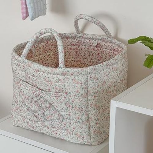 JQWYGB Foldable Laundry Basket Boho Bear Storage Basket Floral Quilted Fabric Car Storage Basket Handles Large Laundry Baskets for Clothes and Dolls